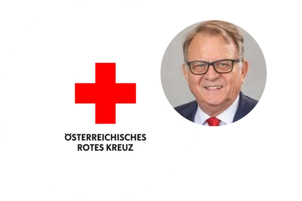 Logo des Österreichischen Roten Kreuzes mit Porträt von Dr. Peter Ambrozy