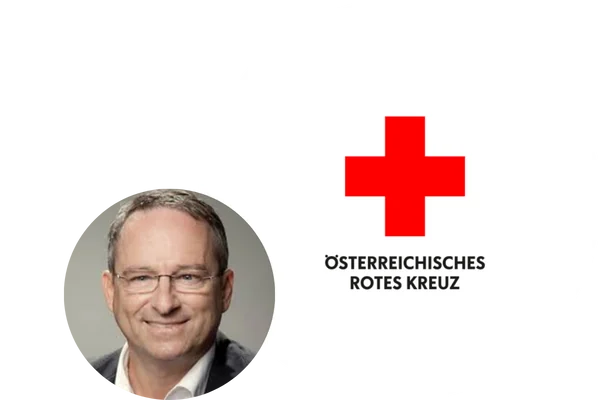 Logo des Österreichischen Roten Kreuzes mit Porträt von Mag. Erich Haneschläger